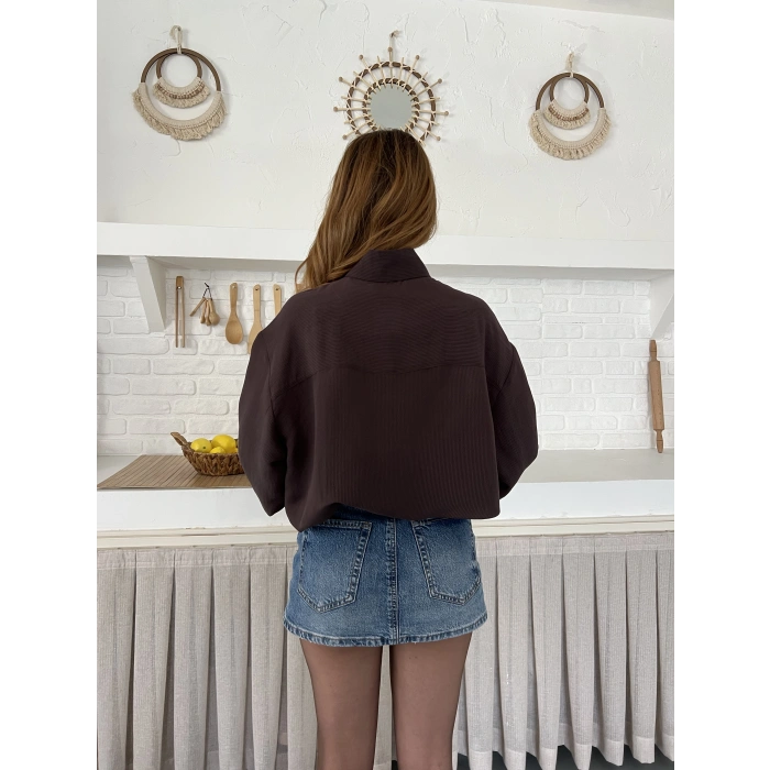 Fular Yaka Detaylı Oversize Gömlek Kahve