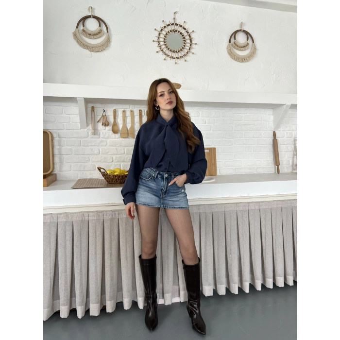 Fular Yaka Detaylı Oversize Gömlek Lacivert