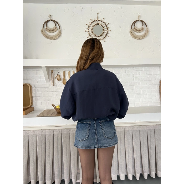 Fular Yaka Detaylı Oversize Gömlek Lacivert