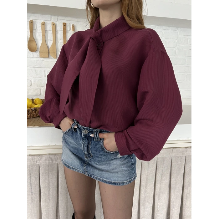 Fular Yaka Detaylı Oversize Gömlek Bordo
