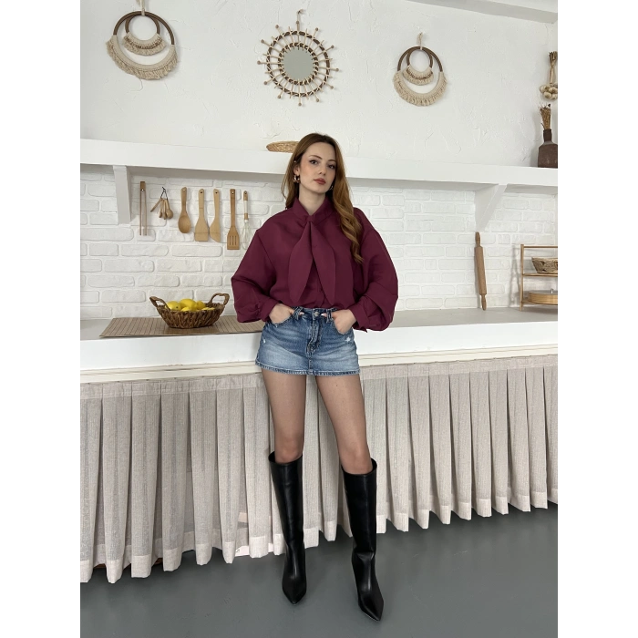 Fular Yaka Detaylı Oversize Gömlek Bordo