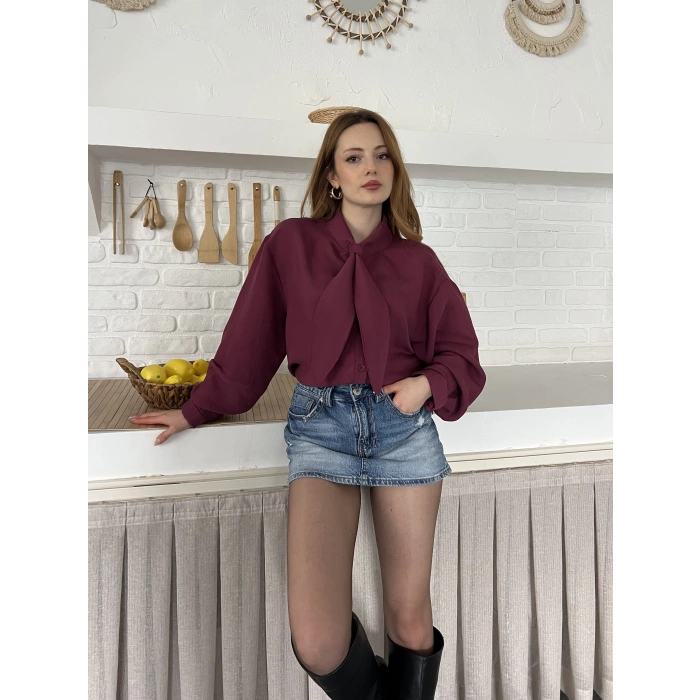 Fular Yaka Detaylı Oversize Gömlek Bordo