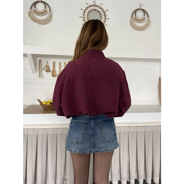 Fular Yaka Detaylı Oversize Gömlek Bordo