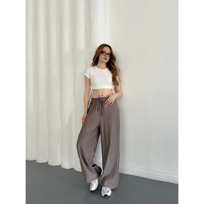 Çilek Kumaş Yüksek Bel Rahat Kalıp Pantolon Kahve