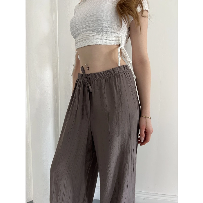 Çilek Kumaş Yüksek Bel Rahat Kalıp Pantolon Kahve