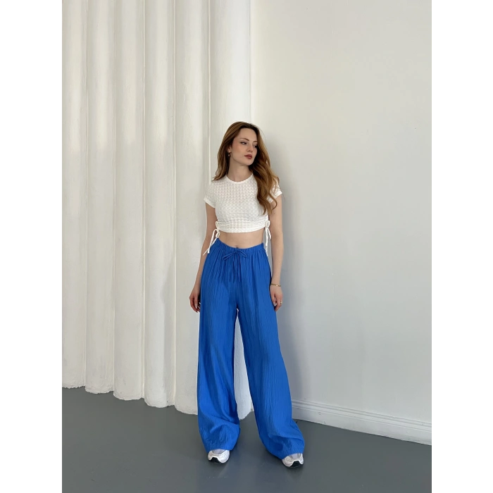 Çilek Kumaş Yüksek Bel Rahat Kalıp Pantolon Mavi