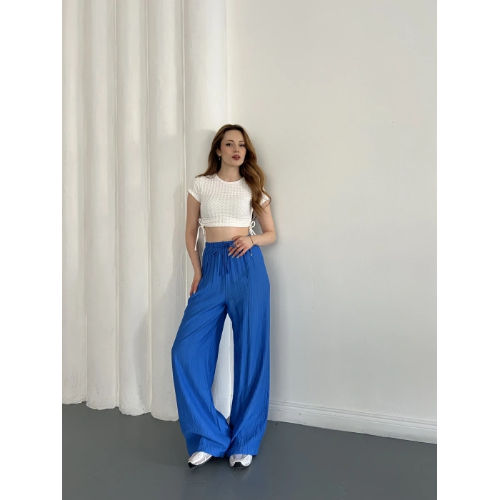 Çilek Kumaş Yüksek Bel Rahat Kalıp Pantolon Mavi