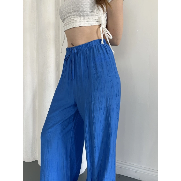 Çilek Kumaş Yüksek Bel Rahat Kalıp Pantolon Mavi