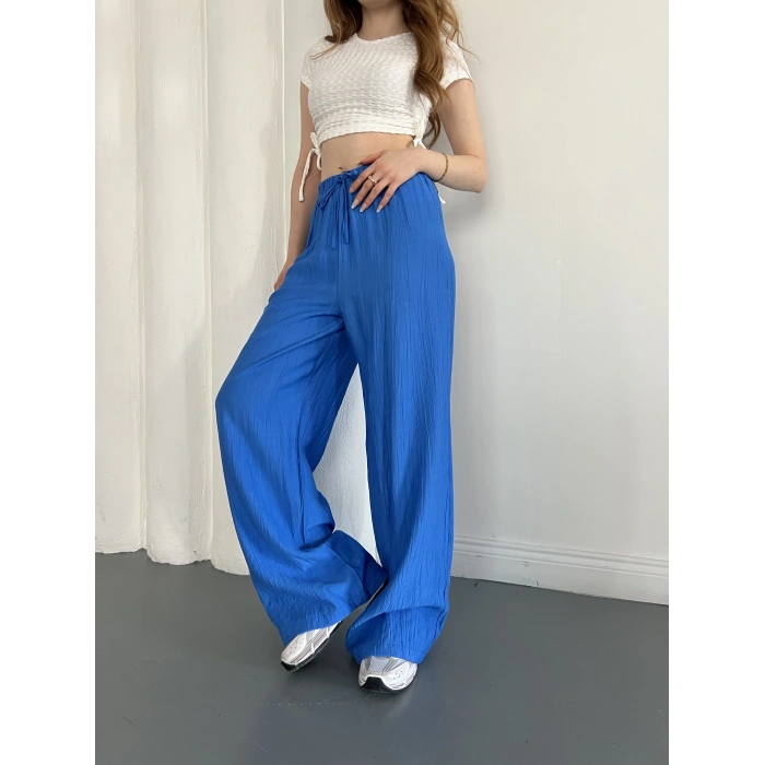Çilek Kumaş Yüksek Bel Rahat Kalıp Pantolon Mavi