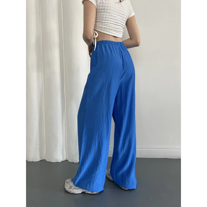 Çilek Kumaş Yüksek Bel Rahat Kalıp Pantolon Mavi