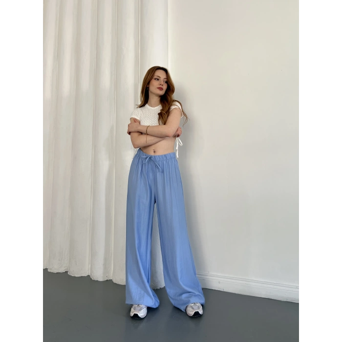 Çilek Kumaş Yüksek Bel Rahat Kalıp Pantolon Turkuaz