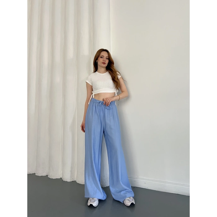 Çilek Kumaş Yüksek Bel Rahat Kalıp Pantolon Turkuaz