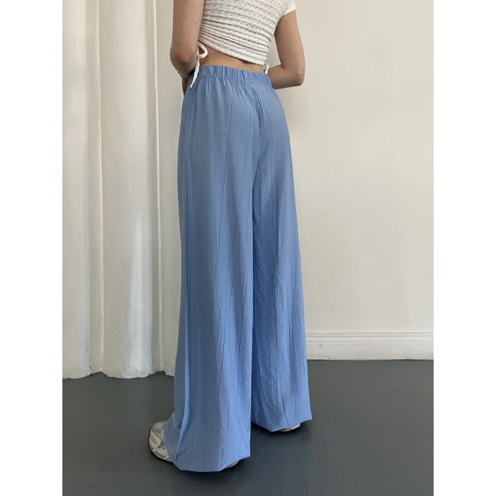 Çilek Kumaş Yüksek Bel Rahat Kalıp Pantolon Turkuaz