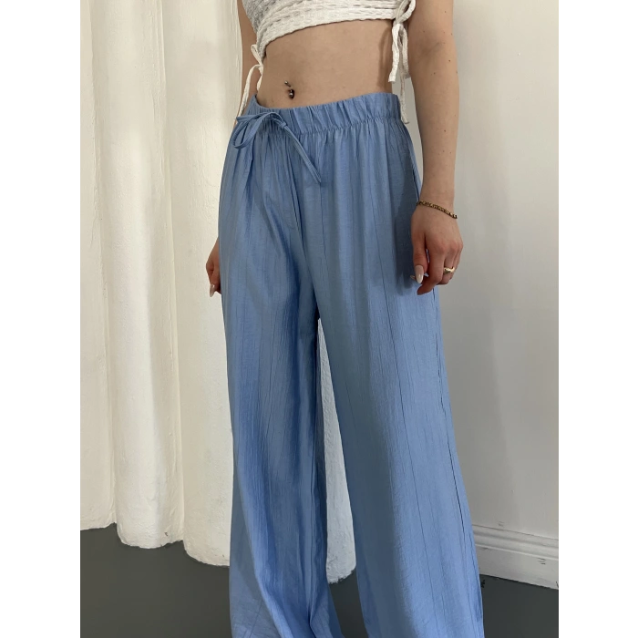 Çilek Kumaş Yüksek Bel Rahat Kalıp Pantolon Turkuaz