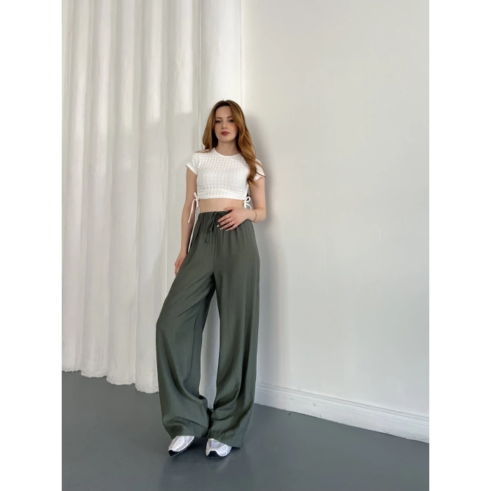 Çilek Kumaş Yüksek Bel Rahat Kalıp Pantolon Yeşil