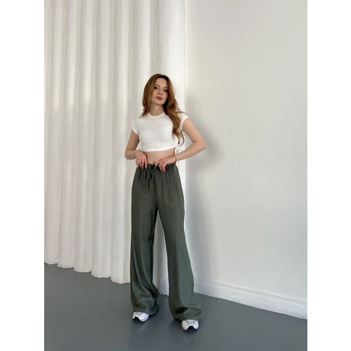 Çilek Kumaş Yüksek Bel Rahat Kalıp Pantolon Yeşil