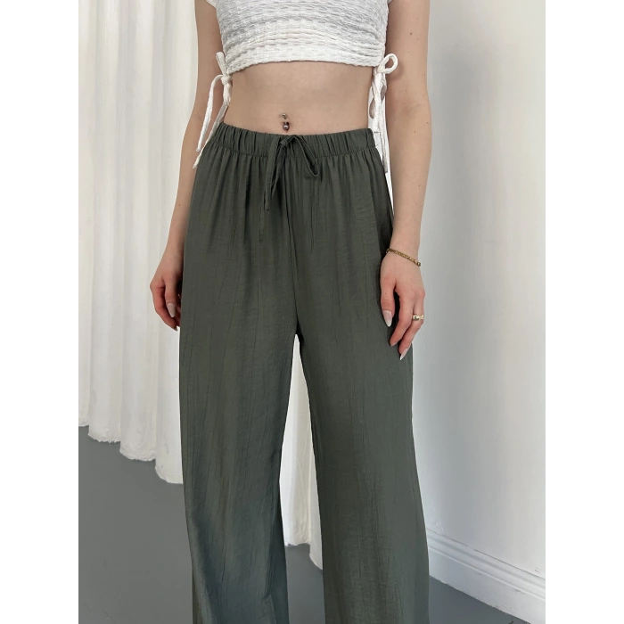 Çilek Kumaş Yüksek Bel Rahat Kalıp Pantolon Yeşil