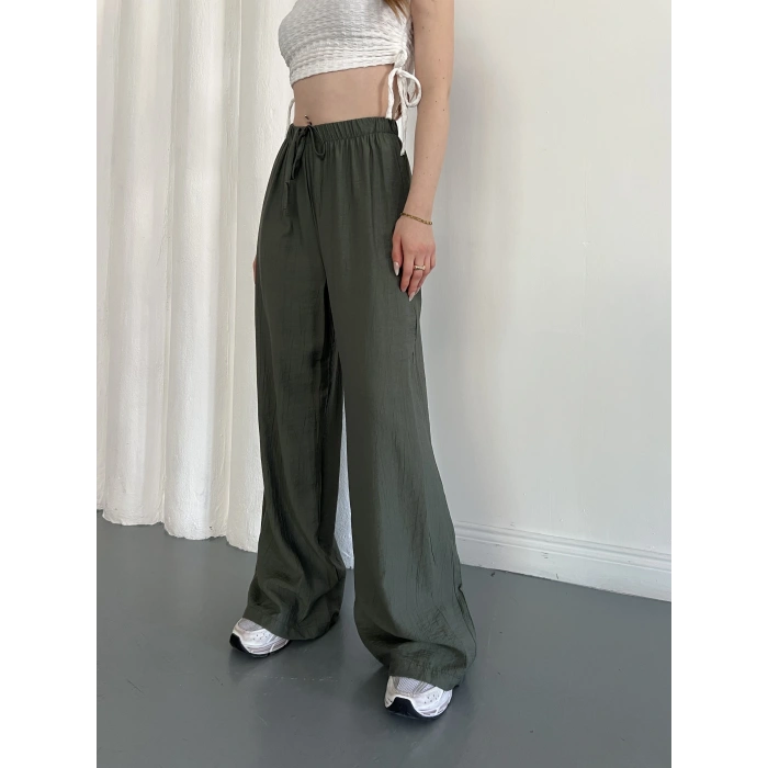 Çilek Kumaş Yüksek Bel Rahat Kalıp Pantolon Yeşil