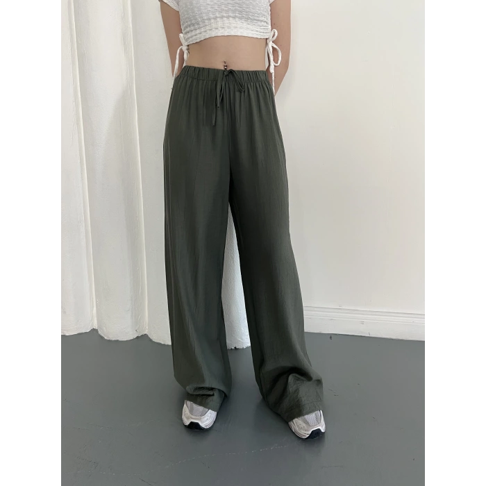 Çilek Kumaş Yüksek Bel Rahat Kalıp Pantolon Yeşil