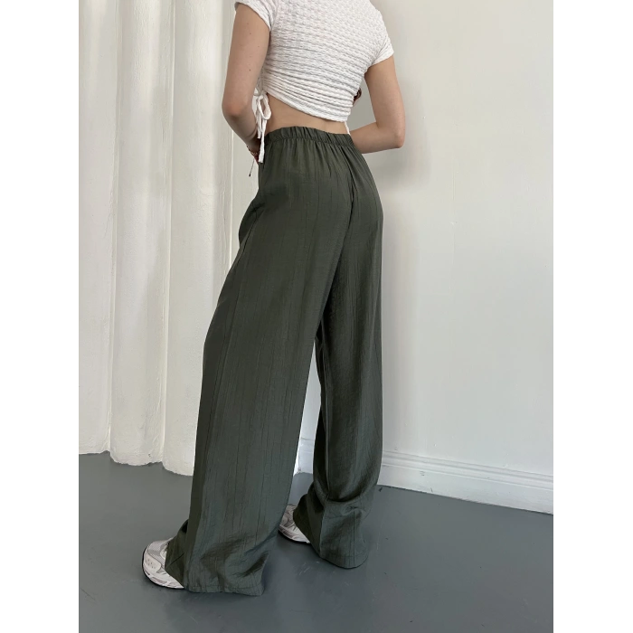 Çilek Kumaş Yüksek Bel Rahat Kalıp Pantolon Yeşil