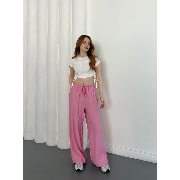 Çilek Kumaş Yüksek Bel Rahat Kalıp Pantolon Pembe