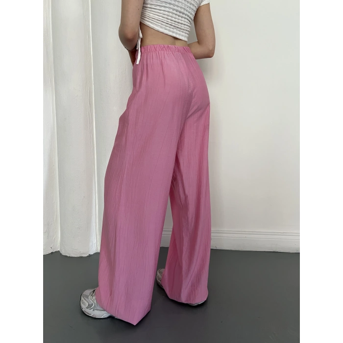 Çilek Kumaş Yüksek Bel Rahat Kalıp Pantolon Pembe