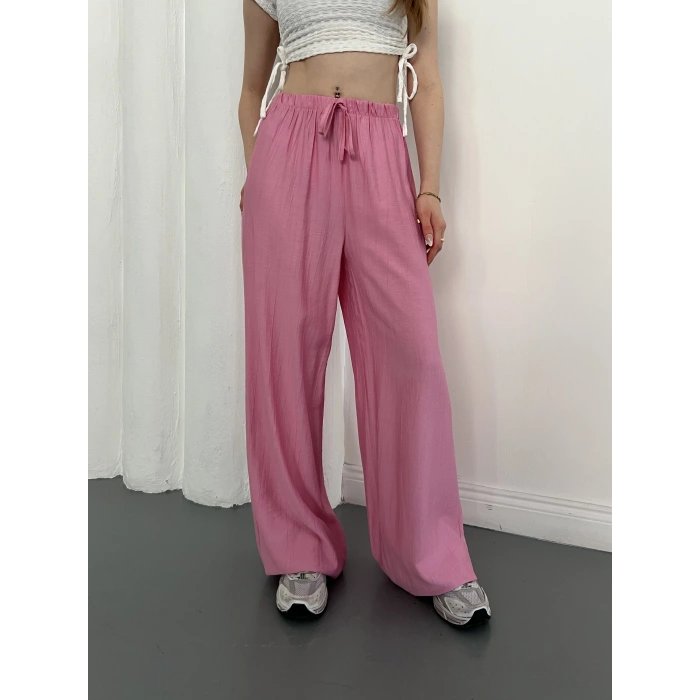 Çilek Kumaş Yüksek Bel Rahat Kalıp Pantolon Pembe