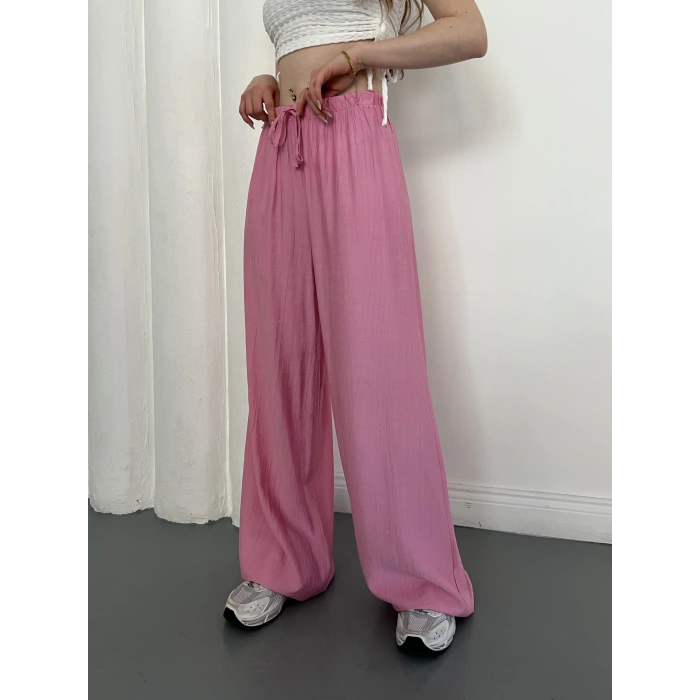 Çilek Kumaş Yüksek Bel Rahat Kalıp Pantolon Pembe