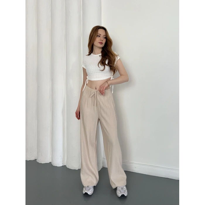 Çilek Kumaş Yüksek Bel Rahat Kalıp Pantolon Bej