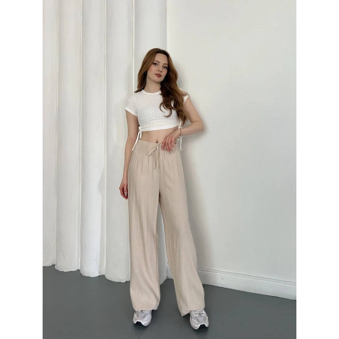 Çilek Kumaş Yüksek Bel Rahat Kalıp Pantolon Bej