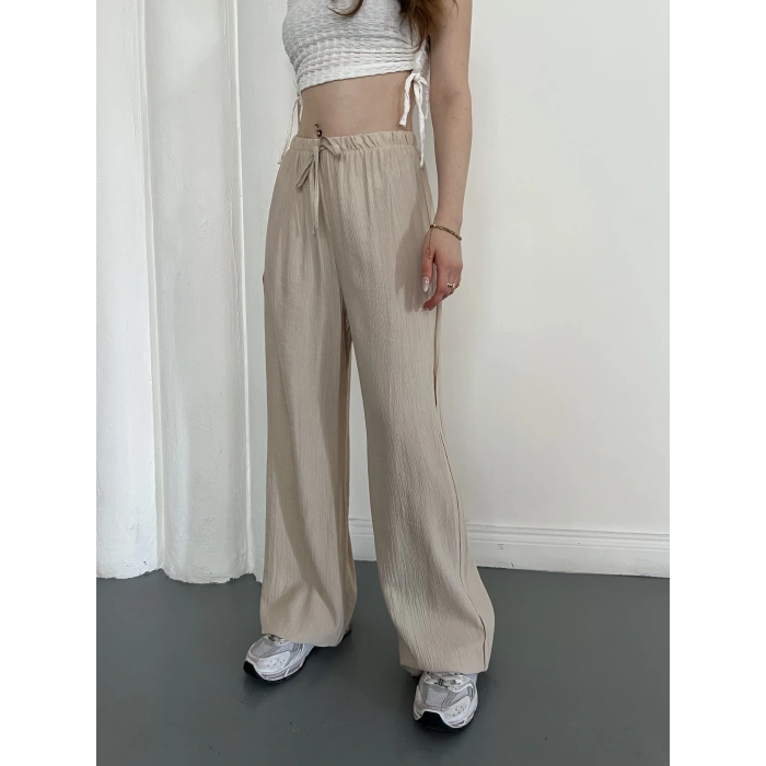 Çilek Kumaş Yüksek Bel Rahat Kalıp Pantolon Bej
