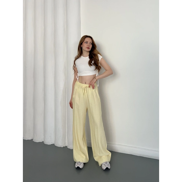 Çilek Kumaş Yüksek Bel Rahat Kalıp Pantolon Sarı