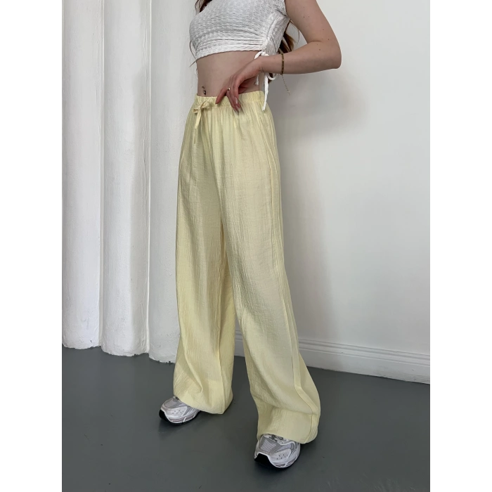 Çilek Kumaş Yüksek Bel Rahat Kalıp Pantolon Sarı