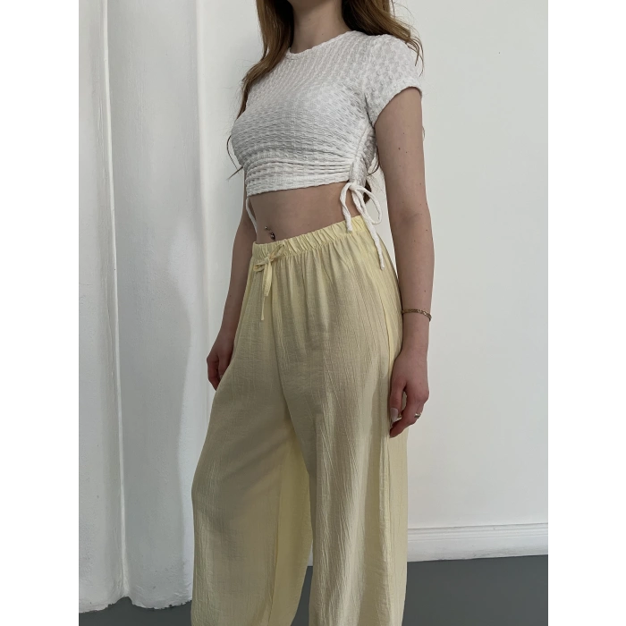 Çilek Kumaş Yüksek Bel Rahat Kalıp Pantolon Sarı