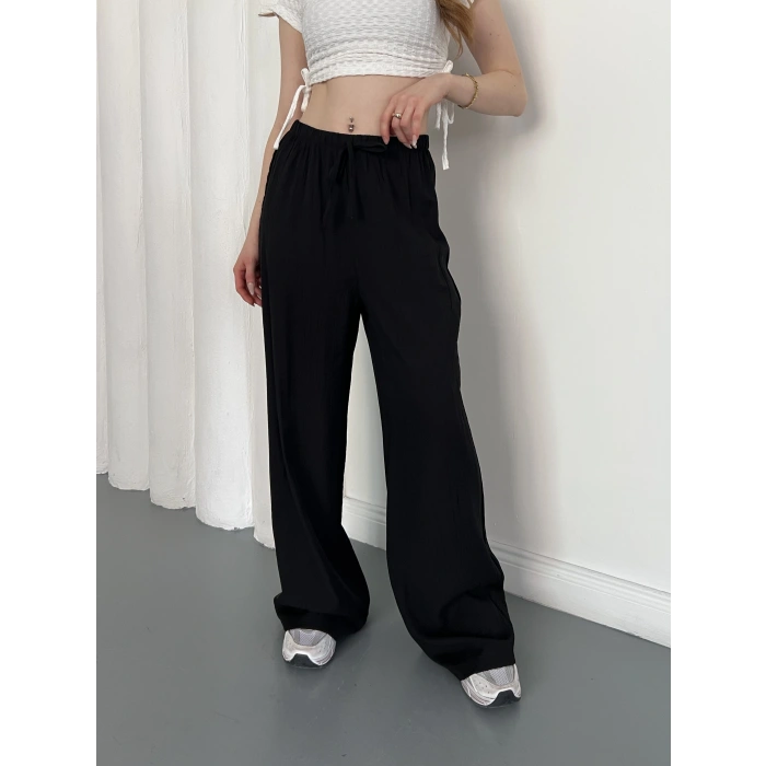 Çilek Kumaş Yüksek Bel Rahat Kalıp Pantolon Siyah