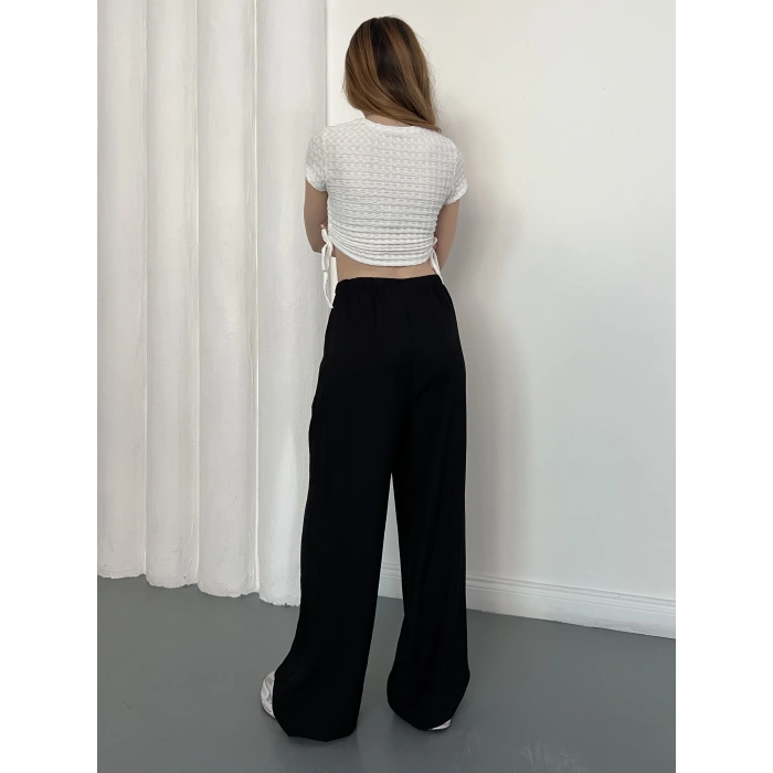 Çilek Kumaş Yüksek Bel Rahat Kalıp Pantolon Siyah
