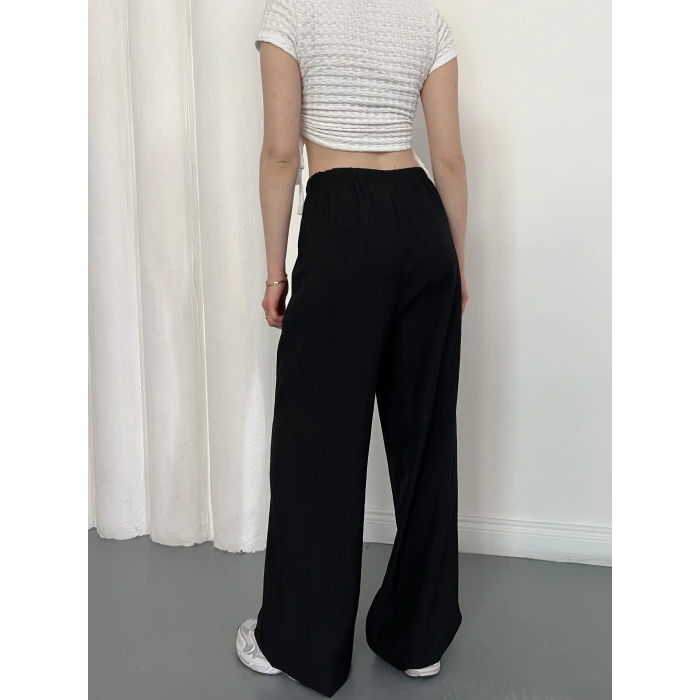 Çilek Kumaş Yüksek Bel Rahat Kalıp Pantolon Siyah