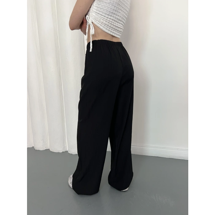 Çilek Kumaş Yüksek Bel Rahat Kalıp Pantolon Siyah