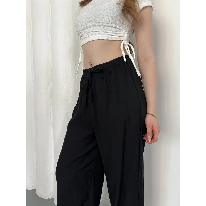 Çilek Kumaş Yüksek Bel Rahat Kalıp Pantolon Siyah