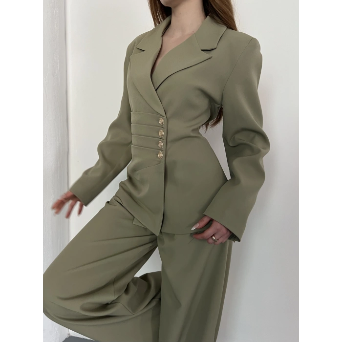 Düğme Detaylı Doublu Kumaş Tasarım Takım Yeşil