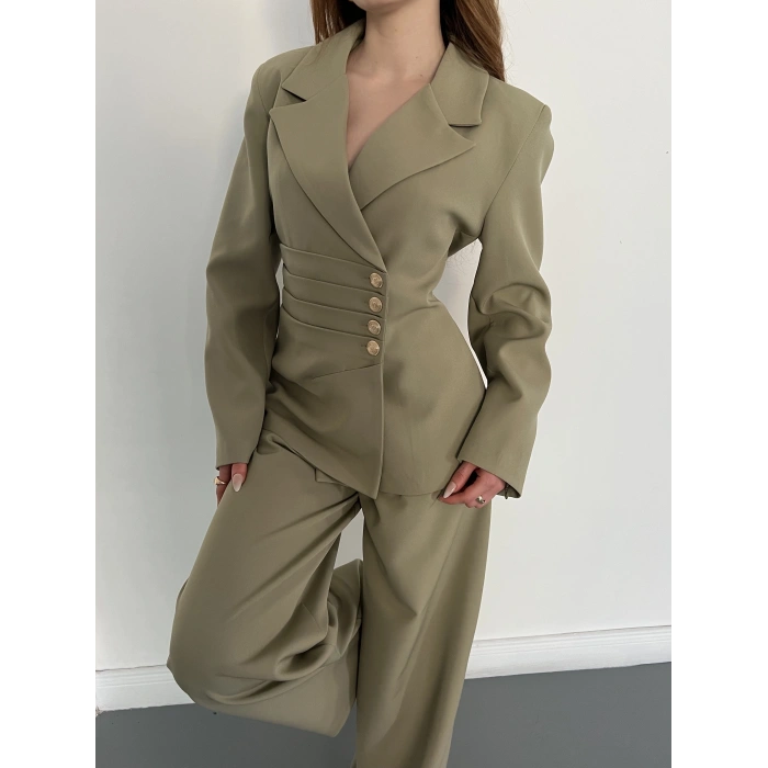 Düğme Detaylı Doublu Kumaş Tasarım Takım Yeşil