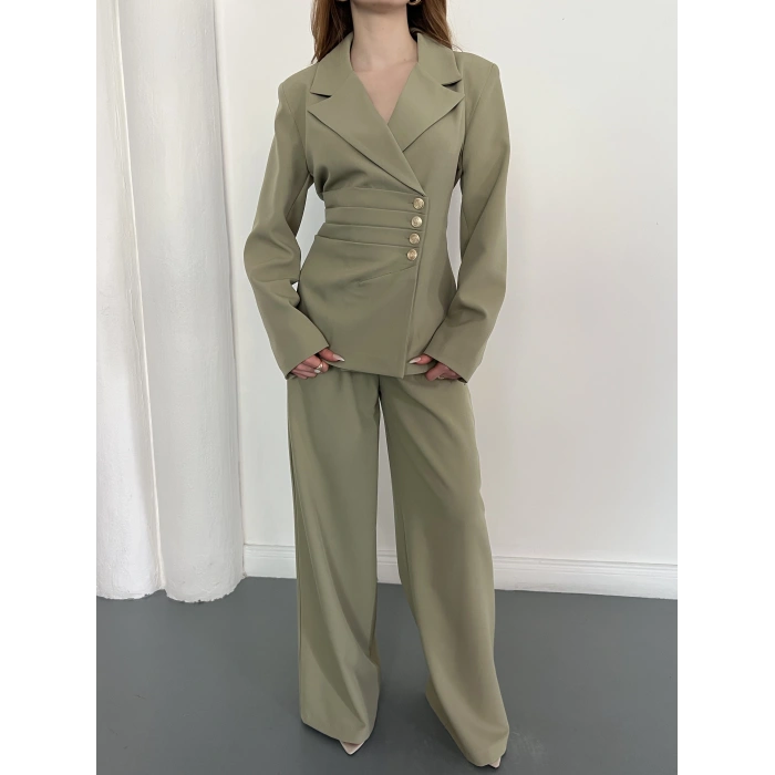 Düğme Detaylı Doublu Kumaş Tasarım Takım Yeşil