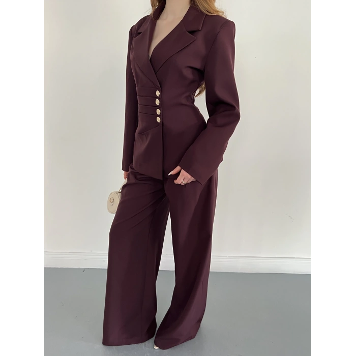 Düğme Detaylı Doublu Kumaş Tasarım Takım Mürdüm