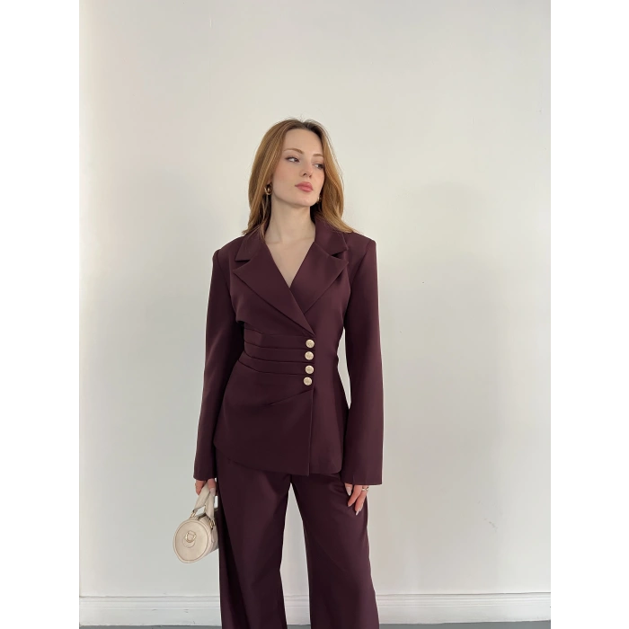 Düğme Detaylı Doublu Kumaş Tasarım Takım Mürdüm