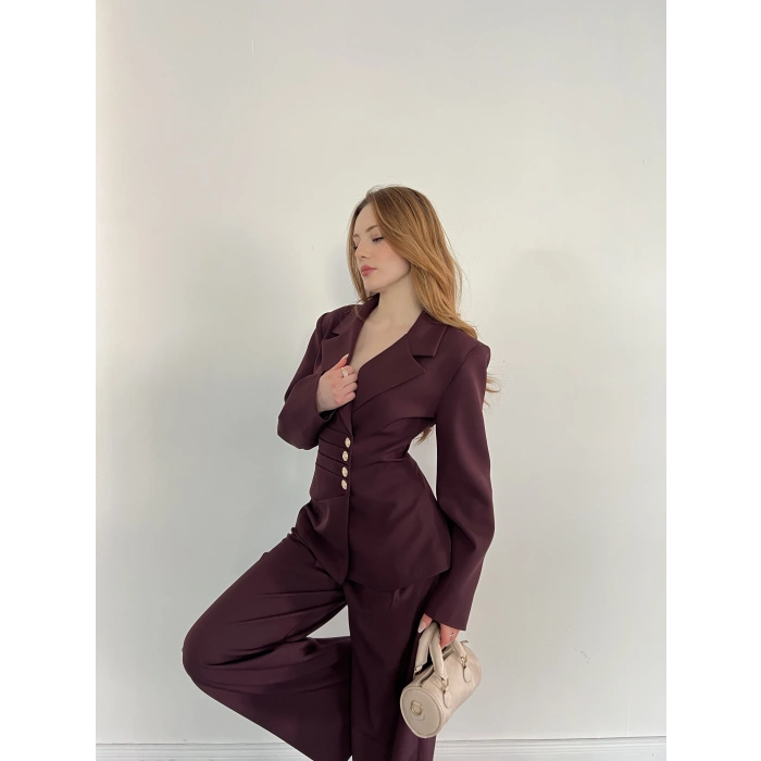 Düğme Detaylı Doublu Kumaş Tasarım Takım Mürdüm