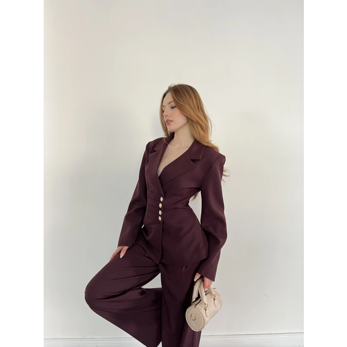 Düğme Detaylı Doublu Kumaş Tasarım Takım Mürdüm