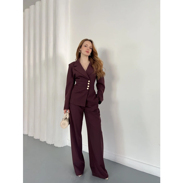 Düğme Detaylı Doublu Kumaş Tasarım Takım Mürdüm