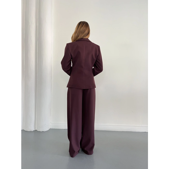 Düğme Detaylı Doublu Kumaş Tasarım Takım Mürdüm