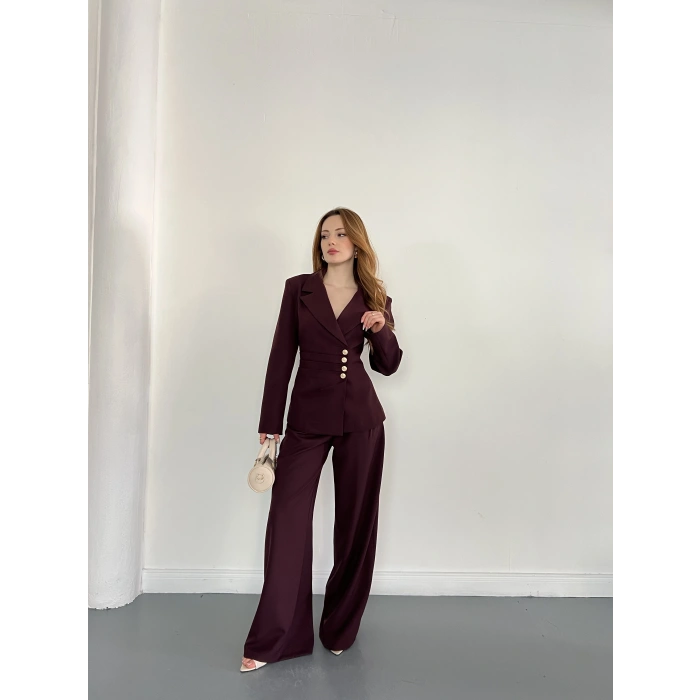 Düğme Detaylı Doublu Kumaş Tasarım Takım Mürdüm