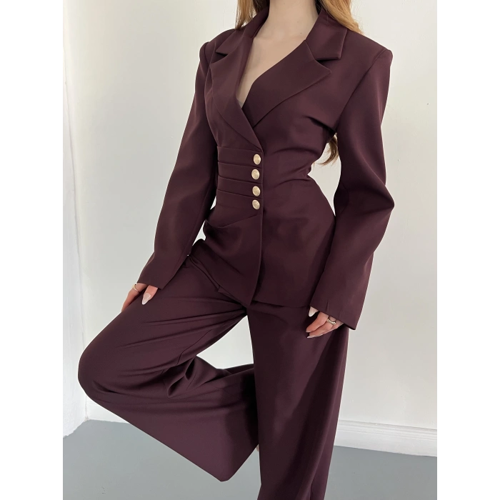 Düğme Detaylı Doublu Kumaş Tasarım Takım Mürdüm